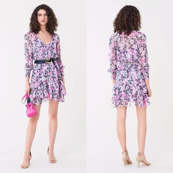 DIANE VON FURSTENBERG Kelby Floral Silk Mini Tiered Ruffle Pink Dress Size XS - Picture 16 of 17